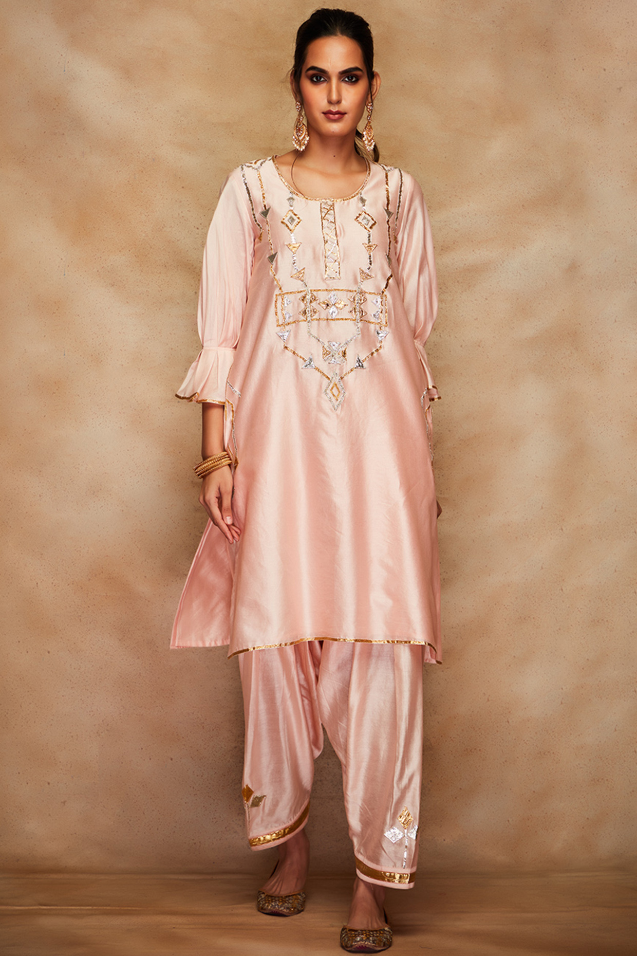 Peach Silk A-Line Kurta by Gulabo By Abu Sandeep at Pernia's Pop Up Shop
