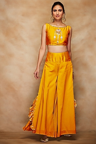 Mustard Chanderi Silk Crop Top by Gulabo By Abu Sandeep