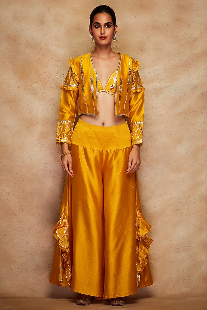 Mustard Chanderi Silk Sharara Pants by Gulabo By Abu Sandeep at Pernia's Pop Up Shop