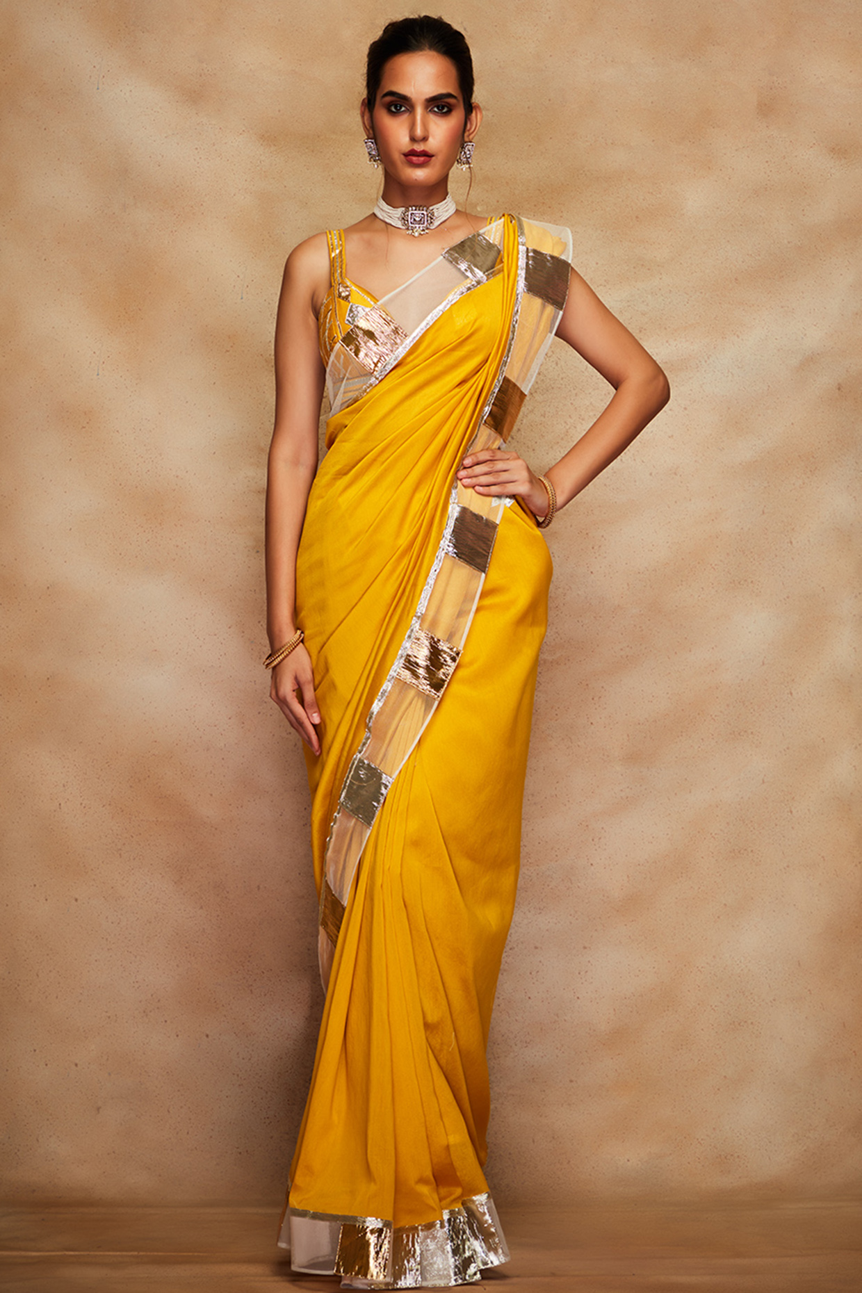 Mustard Chanderi Silk Party Wear Saree Set by Gulabo By Abu Sandeep at Pernia's Pop Up Shop