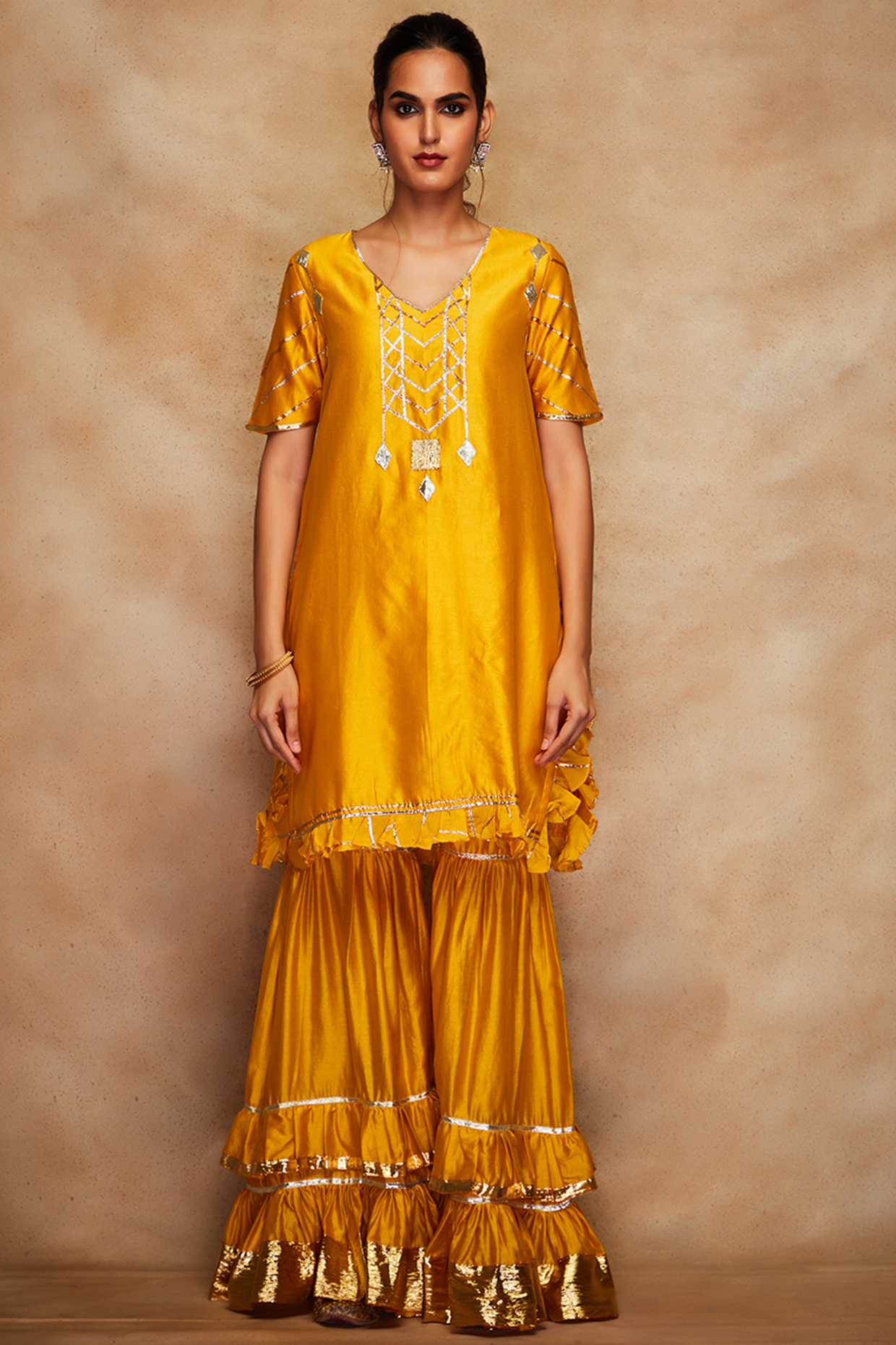 Mustard Chanderi Silk Kurta by Gulabo By Abu Sandeep at Pernia's Pop Up Shop