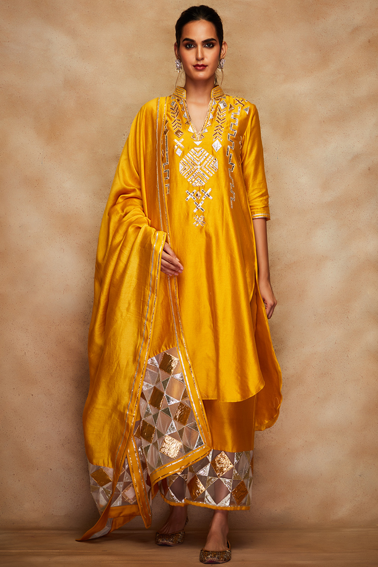 Mustard Chanderi Silk A-line Kurta by Gulabo By Abu Sandeep at Pernia's Pop Up Shop
