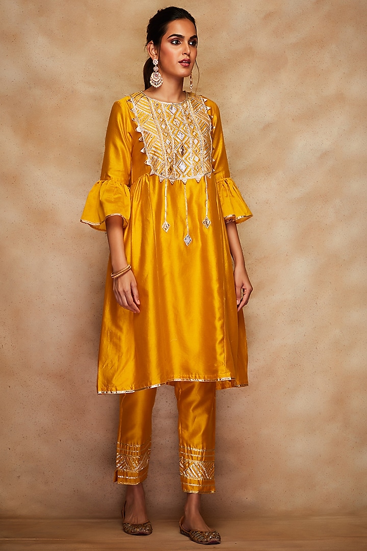 Mustard Pants In Chanderi Silk by Gulabo By Abu Sandeep