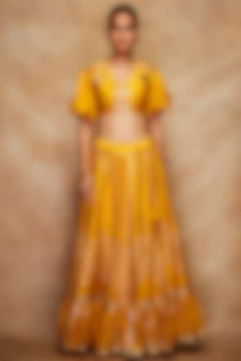Mustard Chanderi Silk Ghera Skirt by Gulabo By Abu Sandeep