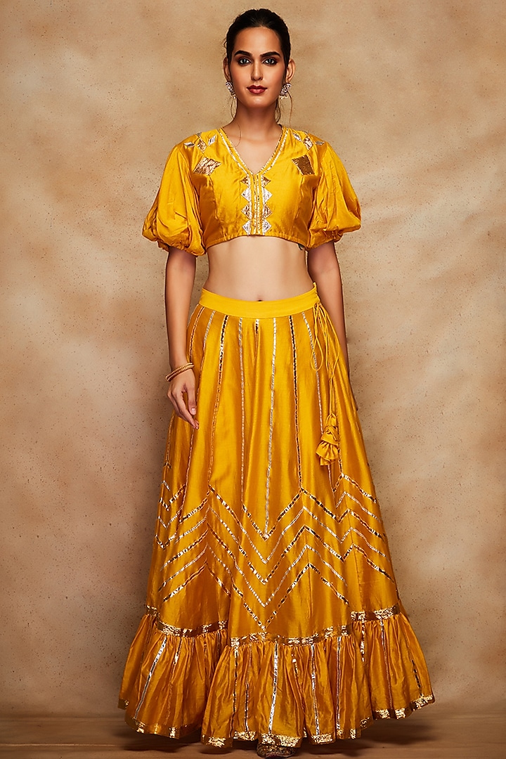 Mustard Chanderi Silk Ghera Skirt by Gulabo By Abu Sandeep