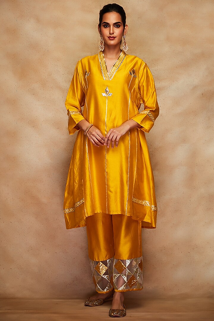 Mustard Chanderi Silk Kimono Tunic by Gulabo By Abu Sandeep