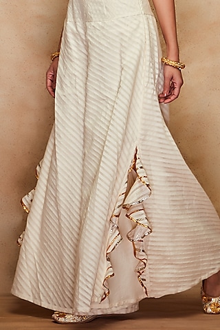 Off-White Pure Jamdani Chanderi Silk Sharara Pants by Gulabo By Abu Sandeep