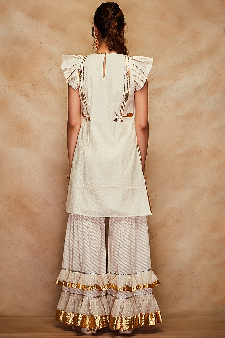 Off-White Ruffled Gharara Pants by Gulabo By Abu Sandeep at Pernia's Pop Up Shop
