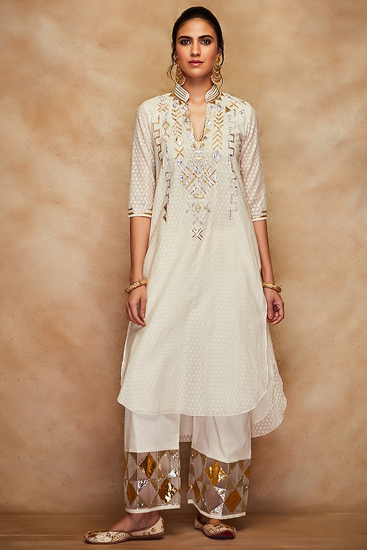 Off-White Pure Chanderi Silk Memoni Pants by Gulabo By Abu Sandeep at Pernia's Pop Up Shop