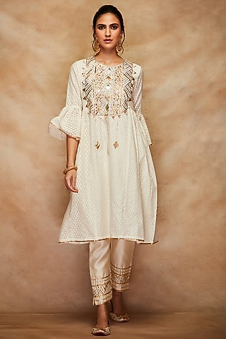 Off-White Pure Chanderi Silk Pencil Pants by Gulabo By Abu Sandeep