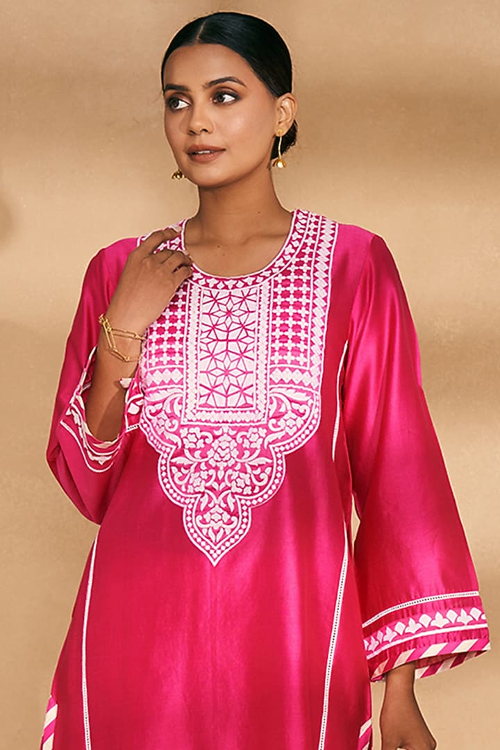Pink Chanderi Embroidered A-Line Kurta by Gulabo By Abu Sandeep at Pernia's Pop Up Shop
