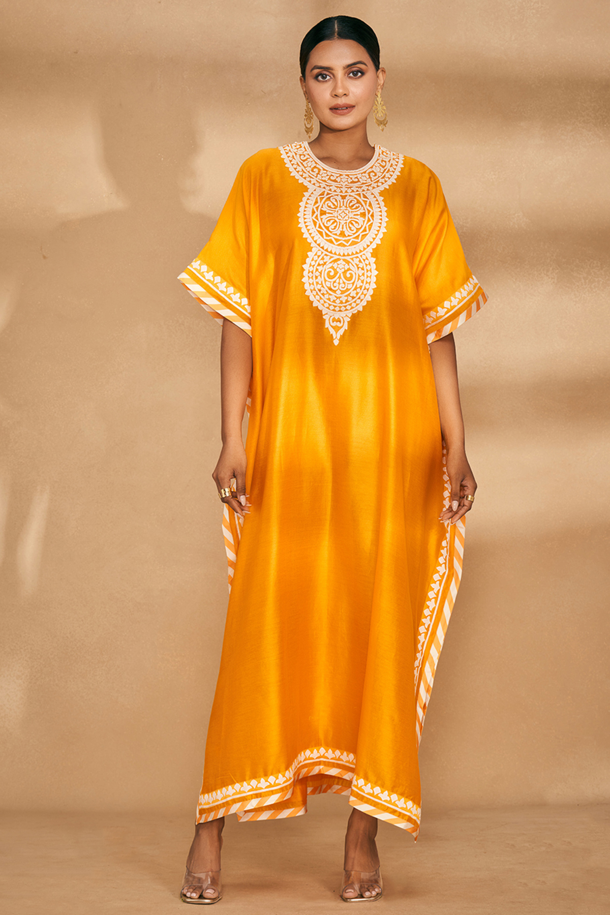 Orange Chanderi Embroidered Kaftan by Gulabo By Abu Sandeep at Pernia's Pop Up Shop
