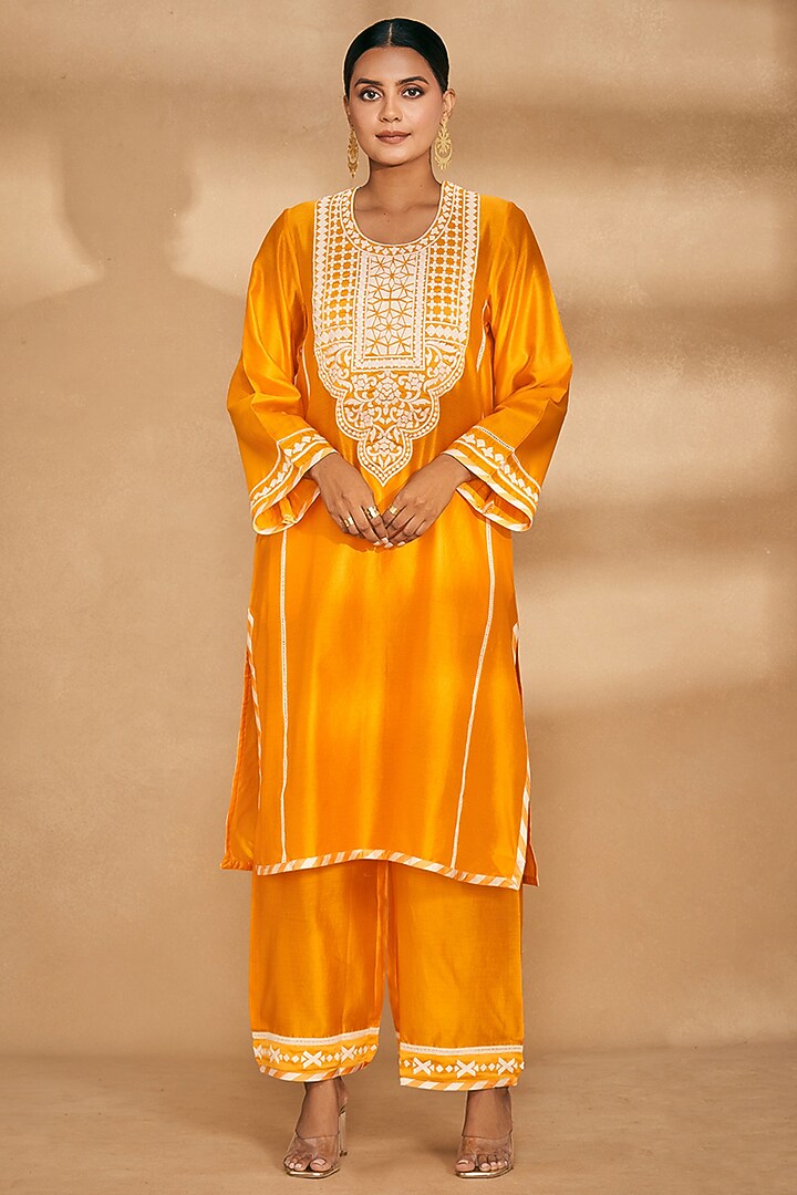 Orange Chanderi Embroidered A-Line Kurta by Gulabo By Abu Sandeep at Pernia's Pop Up Shop