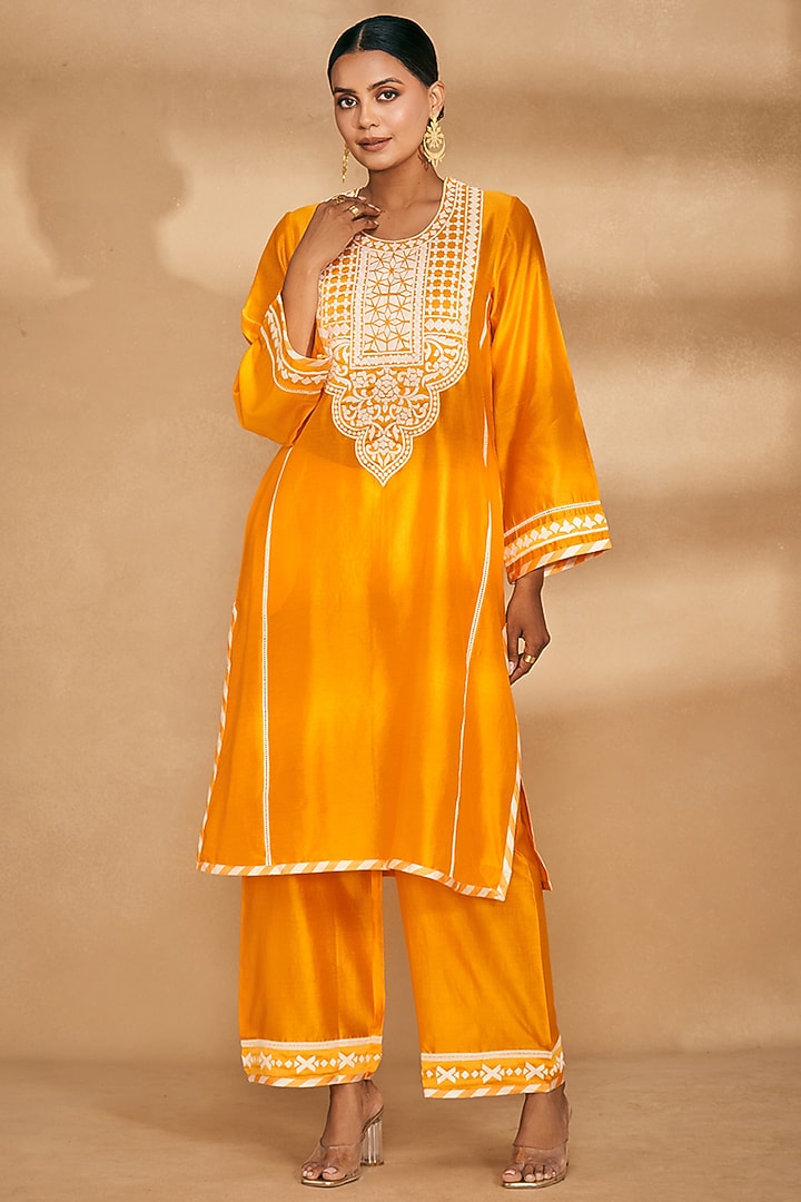 Orange Chanderi Embroidered A-Line Kurta by Gulabo By Abu Sandeep at Pernia's Pop Up Shop
