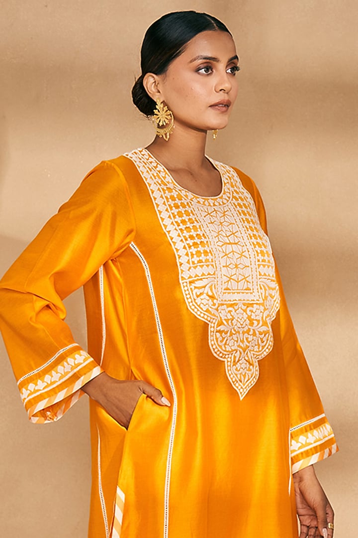 Orange Chanderi Embroidered A-Line Kurta by Gulabo By Abu Sandeep at Pernia's Pop Up Shop