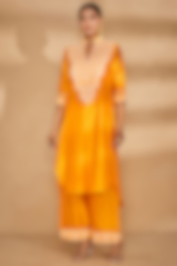 Orange Chanderi Embroidered Collared Kurta by Gulabo By Abu Sandeep at Pernia's Pop Up Shop