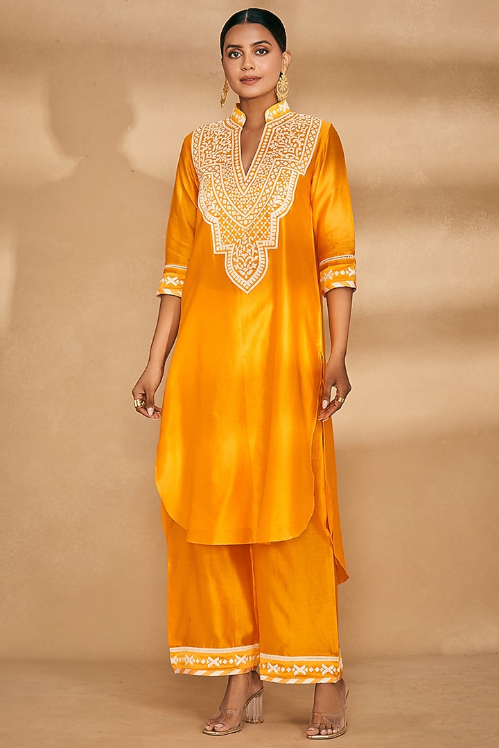 Orange Chanderi Embroidered Collared Kurta by Gulabo By Abu Sandeep at Pernia's Pop Up Shop