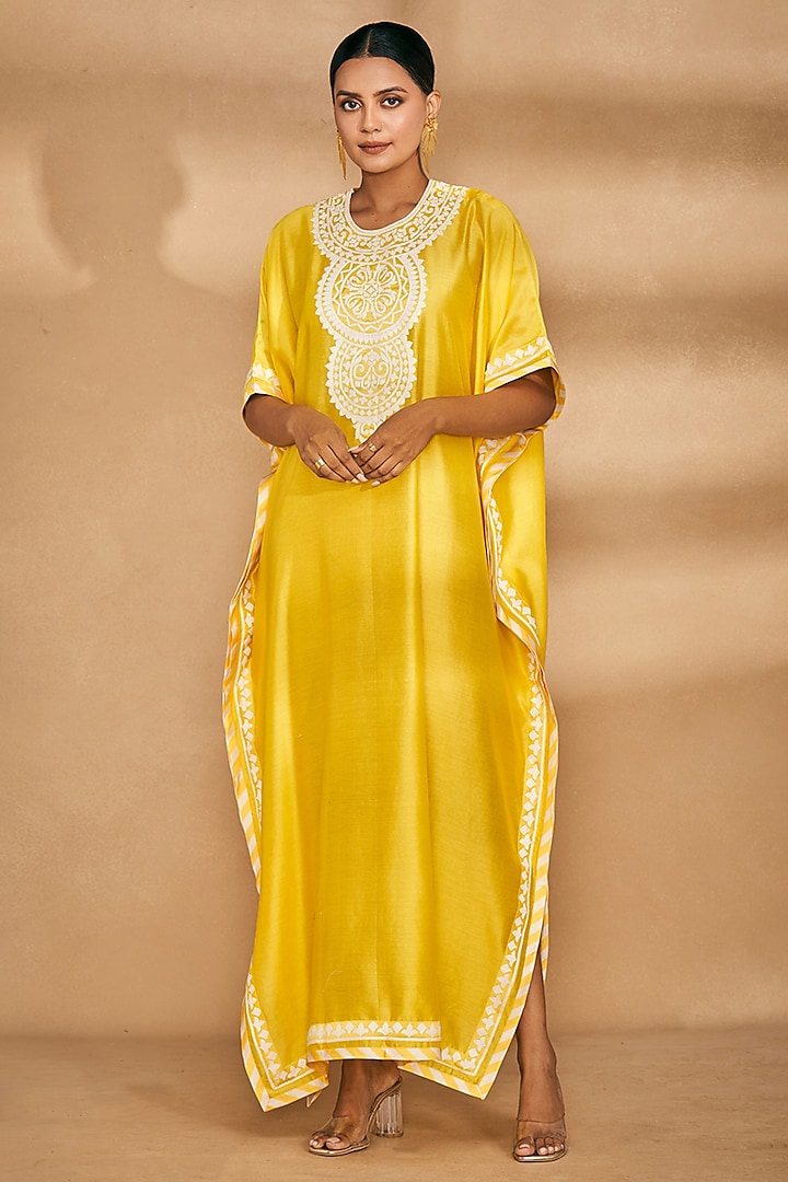 Yellow Chanderi Embroidered Kaftan by Gulabo By Abu Sandeep at Pernia's Pop Up Shop