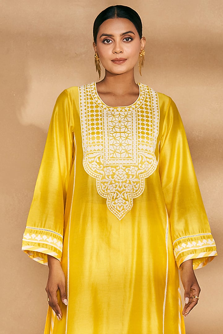 Yellow Chanderi Embroidered A-Line Kurta by Gulabo By Abu Sandeep at Pernia's Pop Up Shop