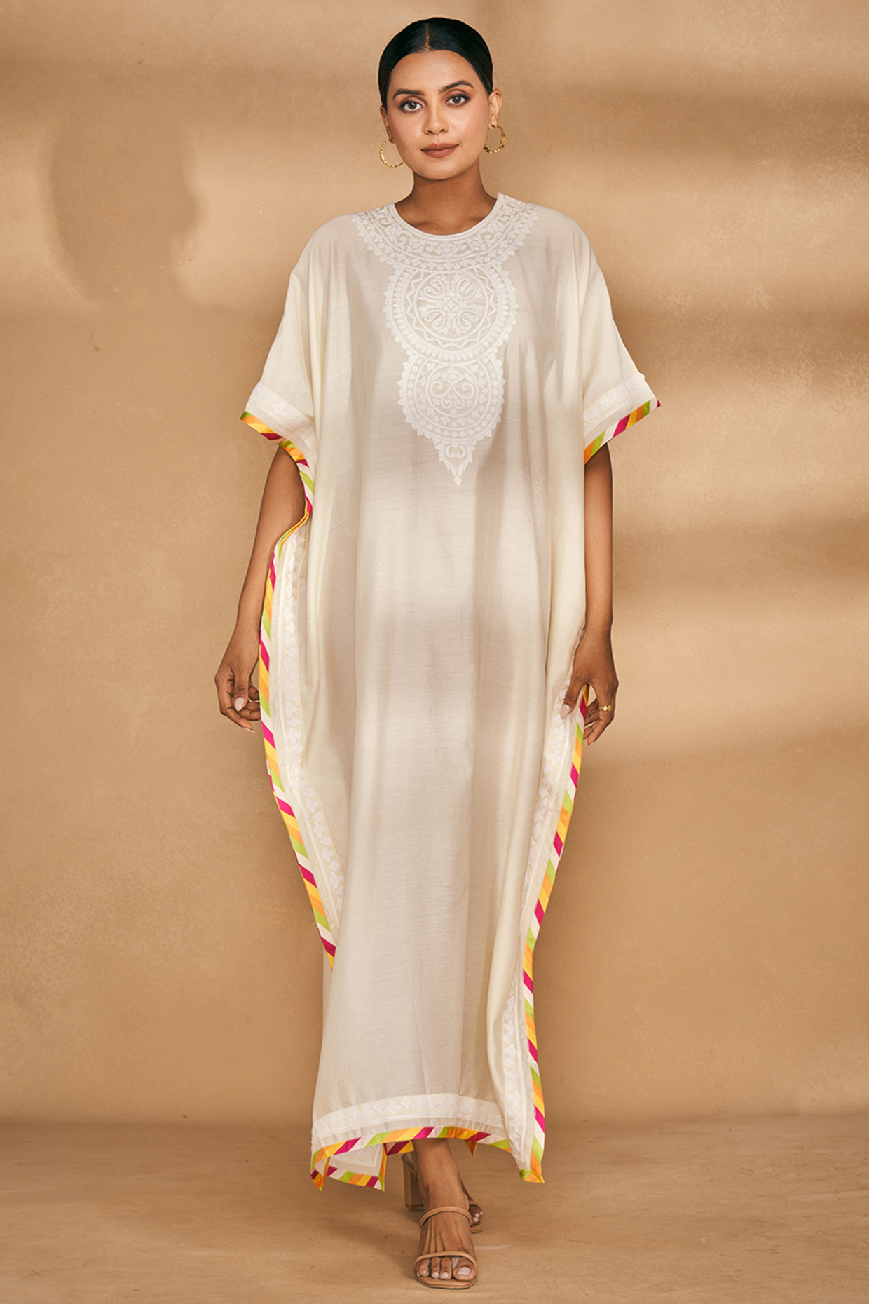 Off-White Chanderi Embroidered Kaftan by Gulabo By Abu Sandeep at Pernia's Pop Up Shop