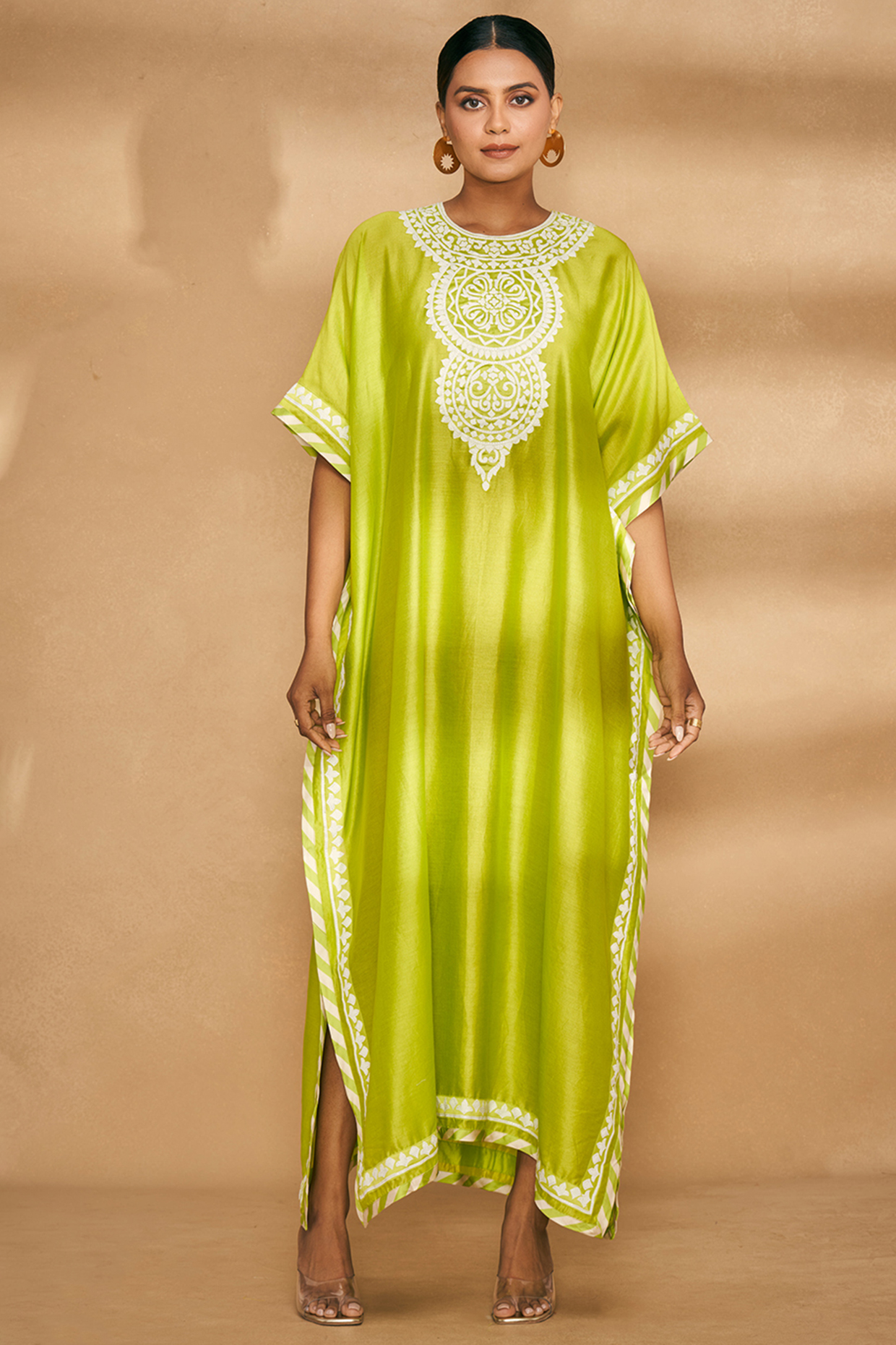 Lime Green Chanderi Embroidered Kaftan by Gulabo By Abu Sandeep at Pernia's Pop Up Shop