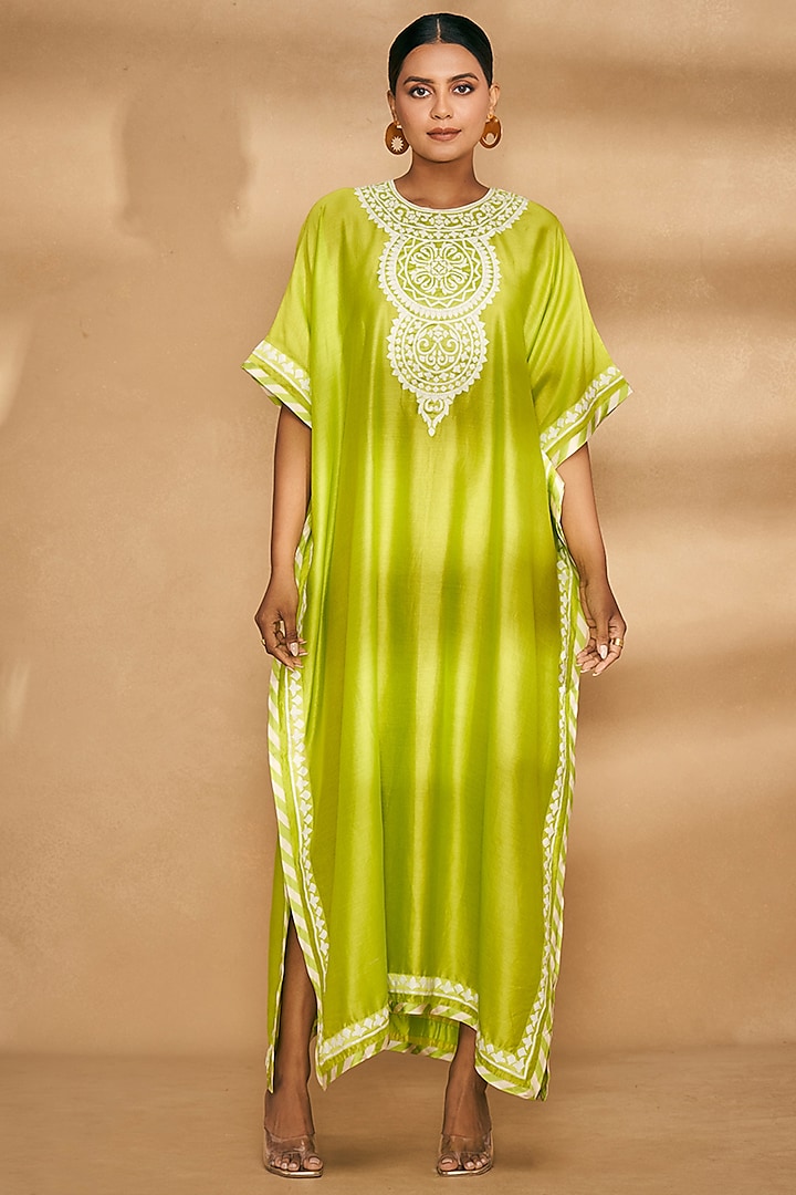 Lime Green Chanderi Embroidered Kaftan by Gulabo By Abu Sandeep at Pernia's Pop Up Shop