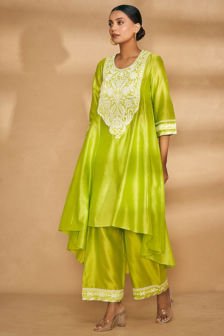Lime Green Chanderi Embroidered Kurta by Gulabo By Abu Sandeep at Pernia's Pop Up Shop