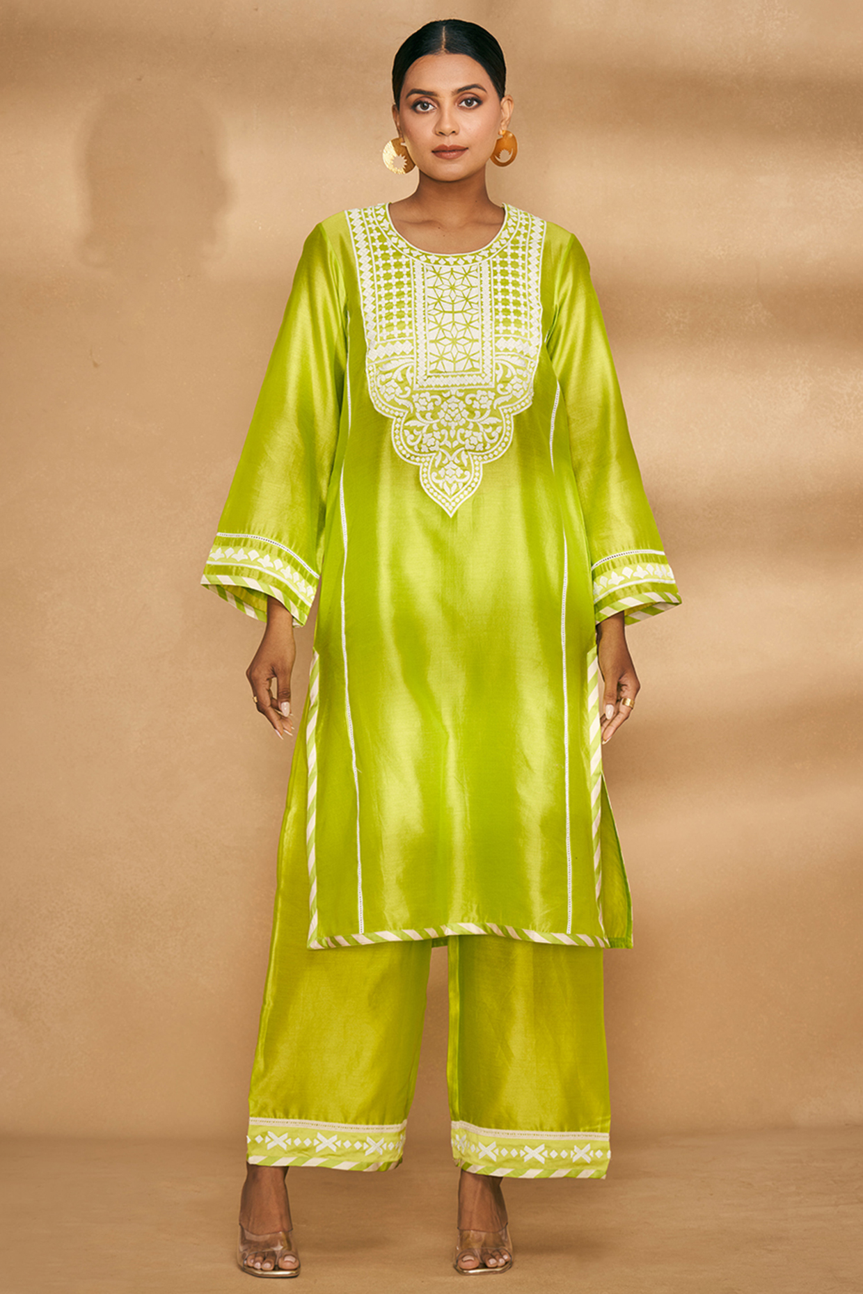 Lime Green Chanderi Embroidered A-Line Kurta by Gulabo By Abu Sandeep at Pernia's Pop Up Shop