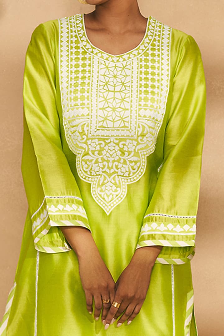 Lime Green Chanderi Embroidered A-Line Kurta by Gulabo By Abu Sandeep at Pernia's Pop Up Shop
