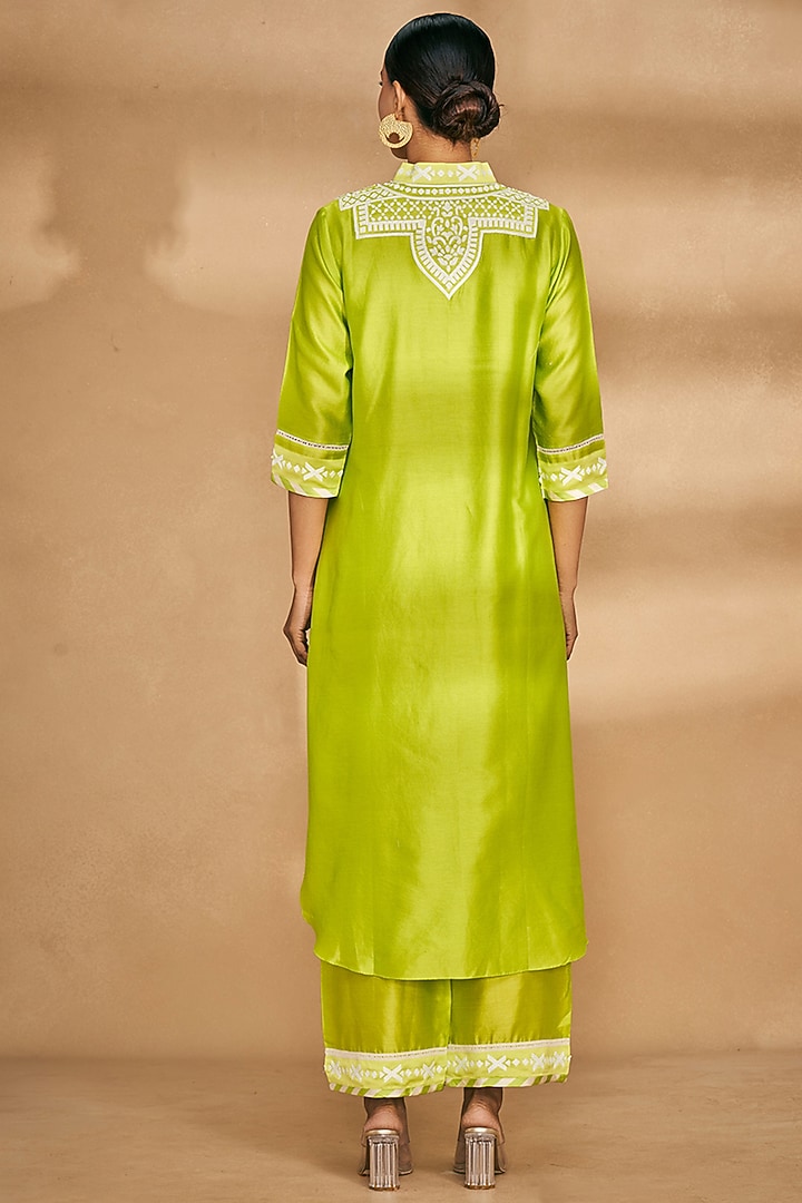 Lime Green Chanderi Embroidered Collared Kurta by Gulabo By Abu Sandeep at Pernia's Pop Up Shop
