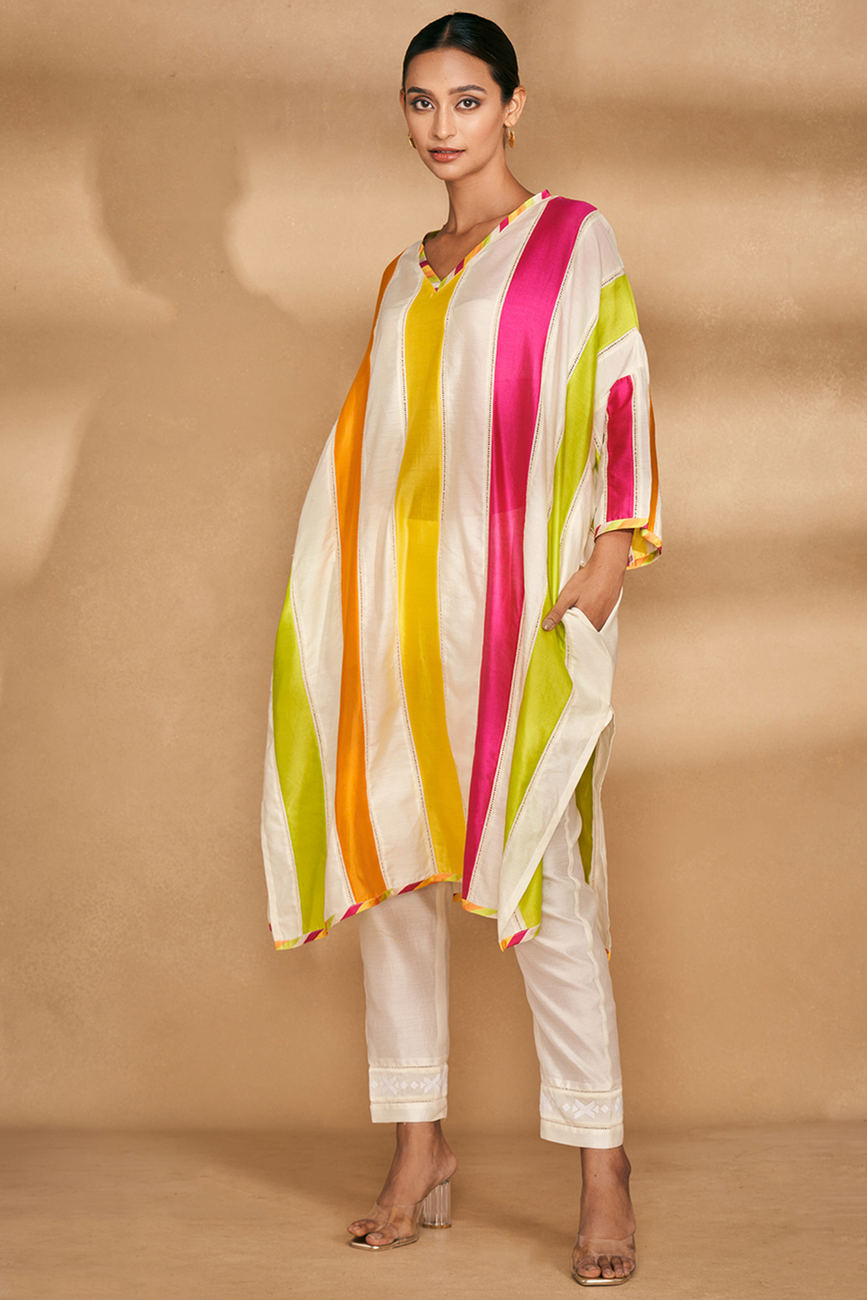 Multi-Colored Chanderi Paneled Kaftan by Gulabo By Abu Sandeep at Pernia's Pop Up Shop
