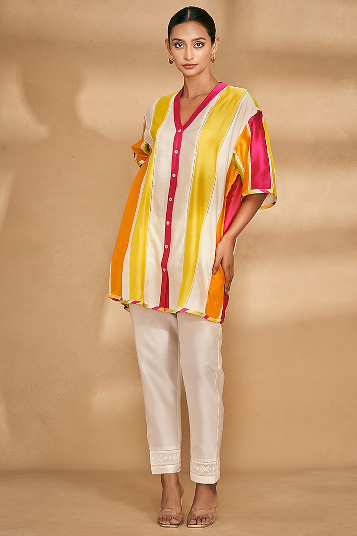 Multi-Colored Chanderi Paneled Shirt by Gulabo By Abu Sandeep at Pernia's Pop Up Shop