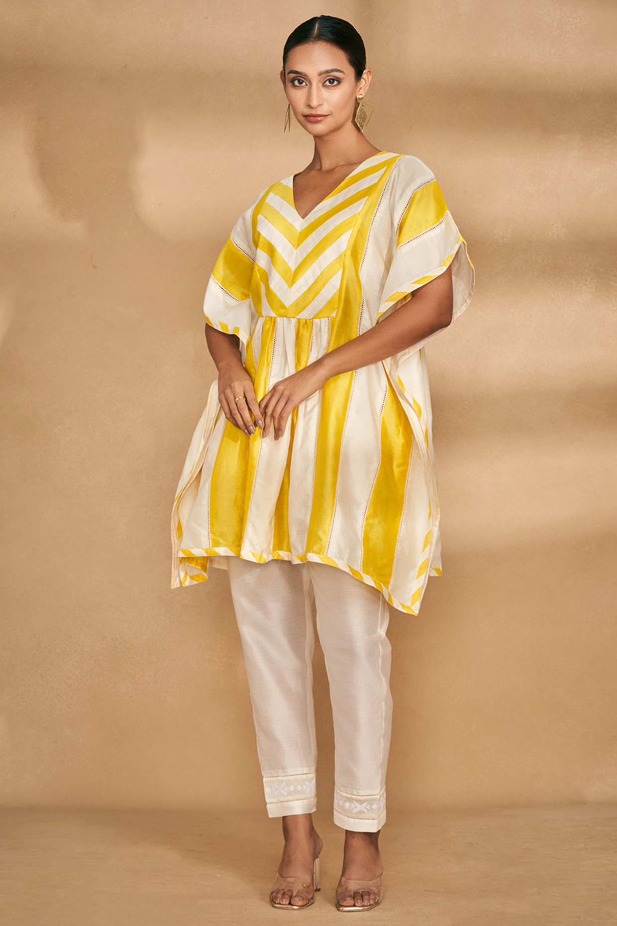 Yellow & Off-White Chanderi Kaftan by Gulabo By Abu Sandeep at Pernia's Pop Up Shop