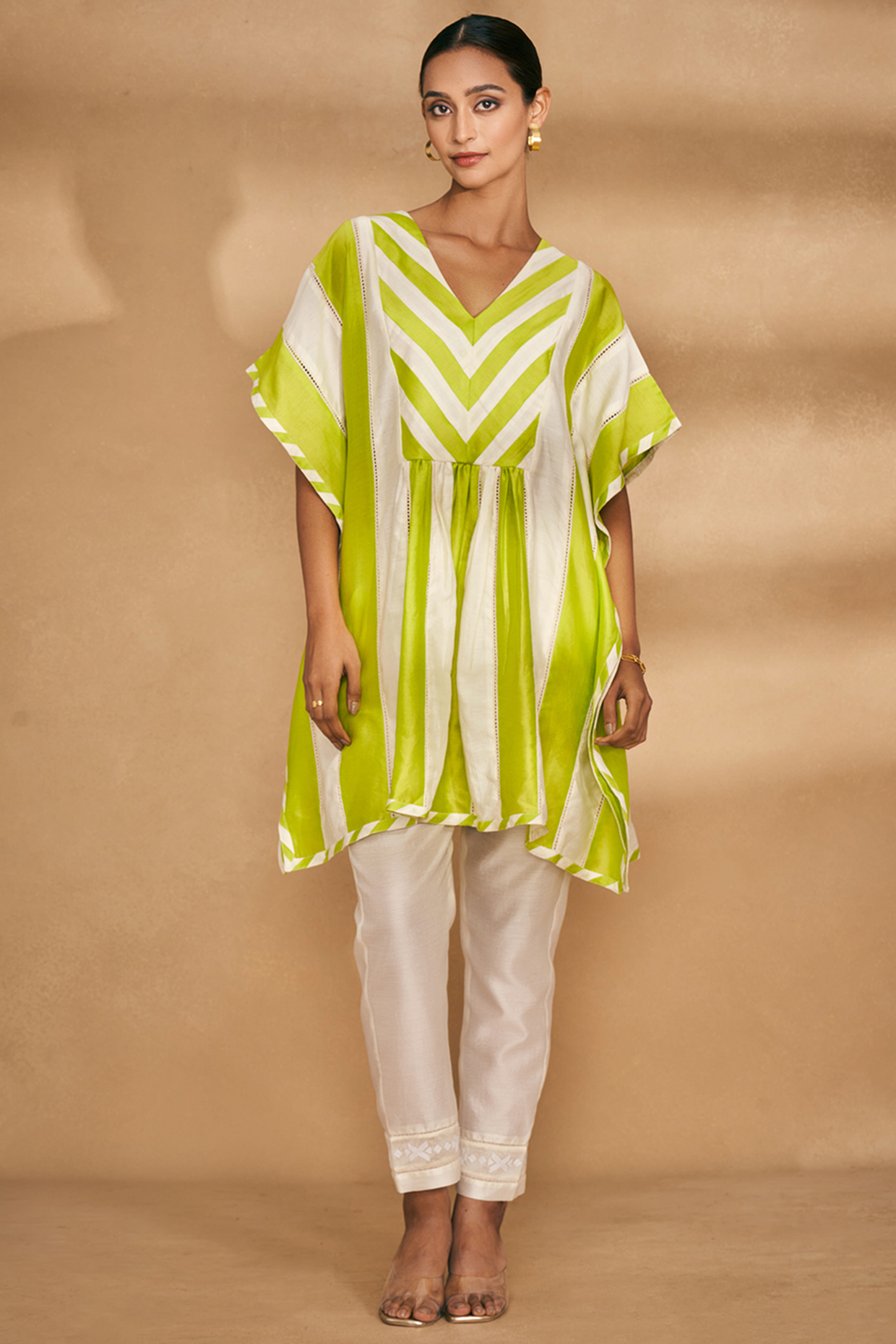 Lime Green & Off-White Chanderi Kaftan by Gulabo By Abu Sandeep at Pernia's Pop Up Shop