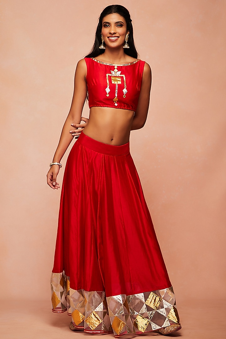Red Embroidered Crop Top by Gulabo By Abu Sandeep