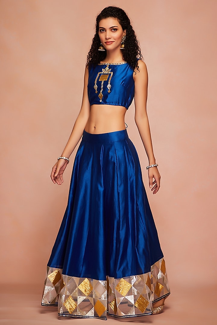 Royal Blue Embroidered Crop Top by Gulabo By Abu Sandeep