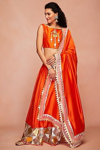 Orange Embroidered Crop Top by Gulabo By Abu Sandeep