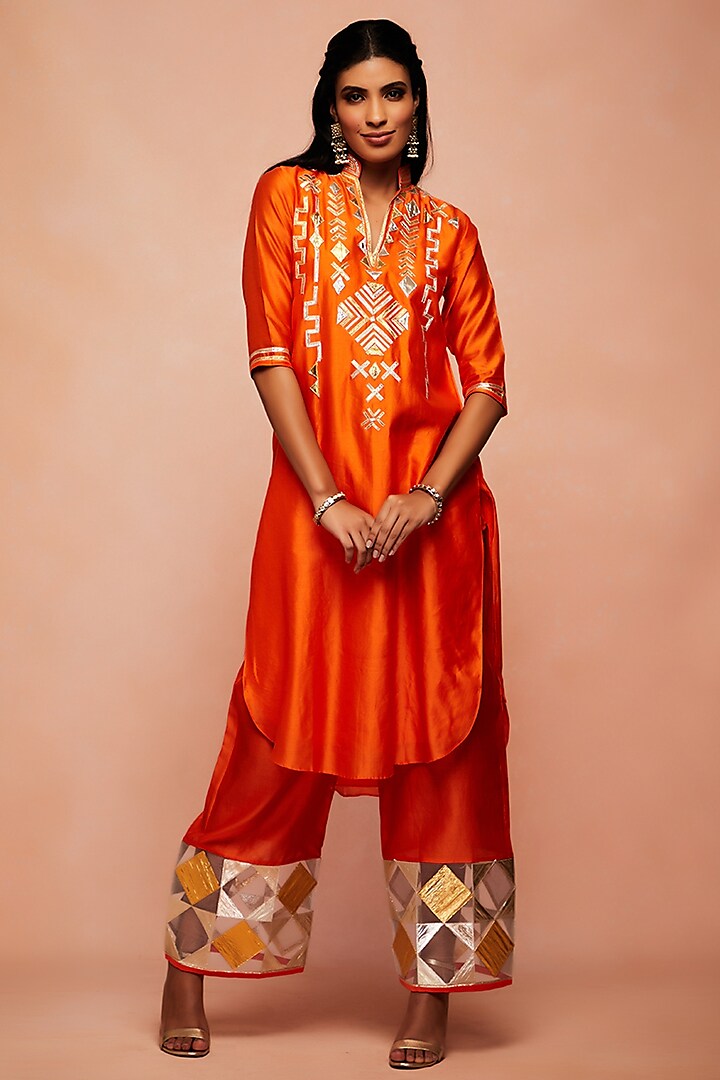 Orange Embroidered Ijar Pants by Gulabo By Abu Sandeep