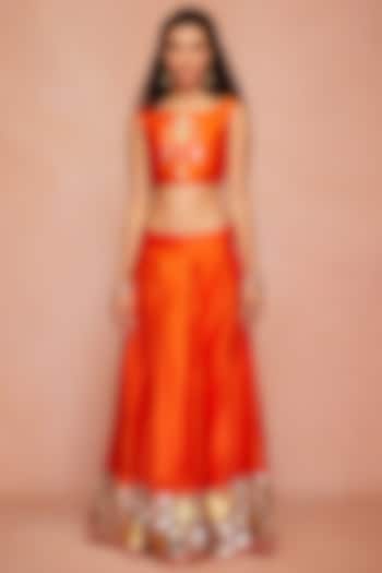 Orange Embroidered Flared Skirt by Gulabo By Abu Sandeep
