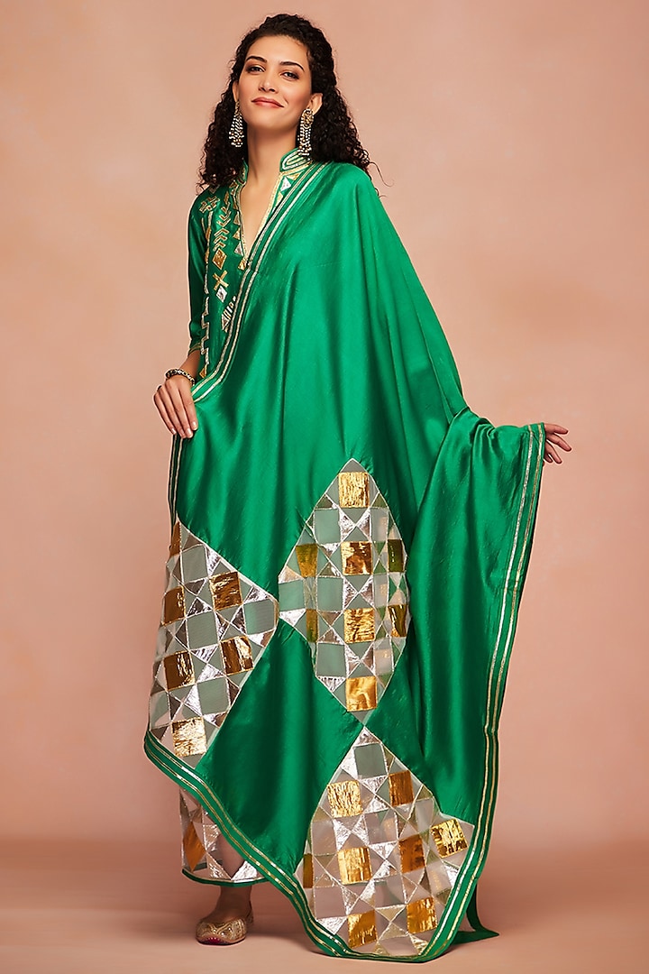 Green Pure Chanderi Silk Gota Embroidered Dupatta by Gulabo By Abu Sandeep