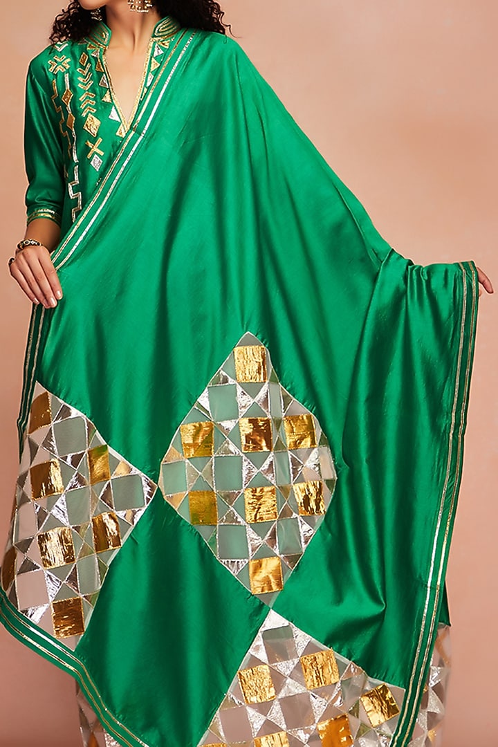 Green Pure Chanderi Silk Gota Embroidered Dupatta by Gulabo By Abu Sandeep at Pernia's Pop Up Shop