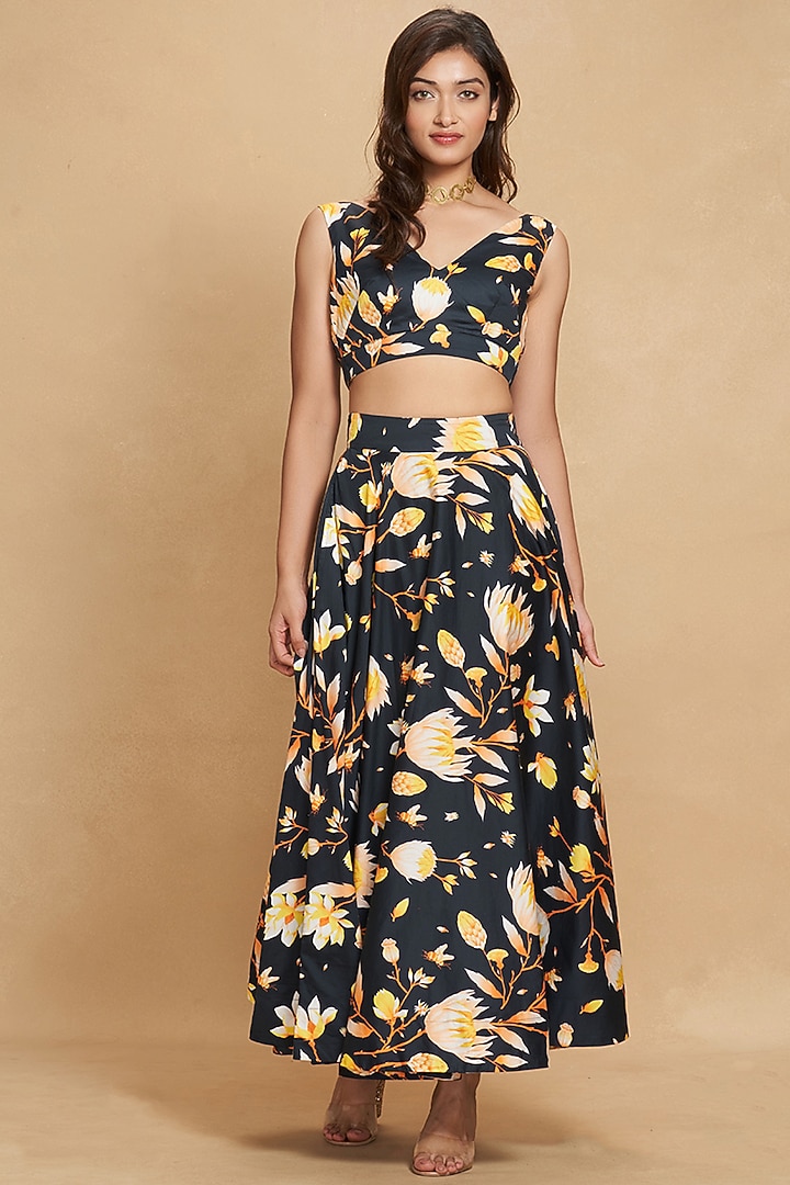 Black Cotton Satin Digital Printed Circular Skirt by Gulabo By Abu Sandeep at Pernia's Pop Up Shop