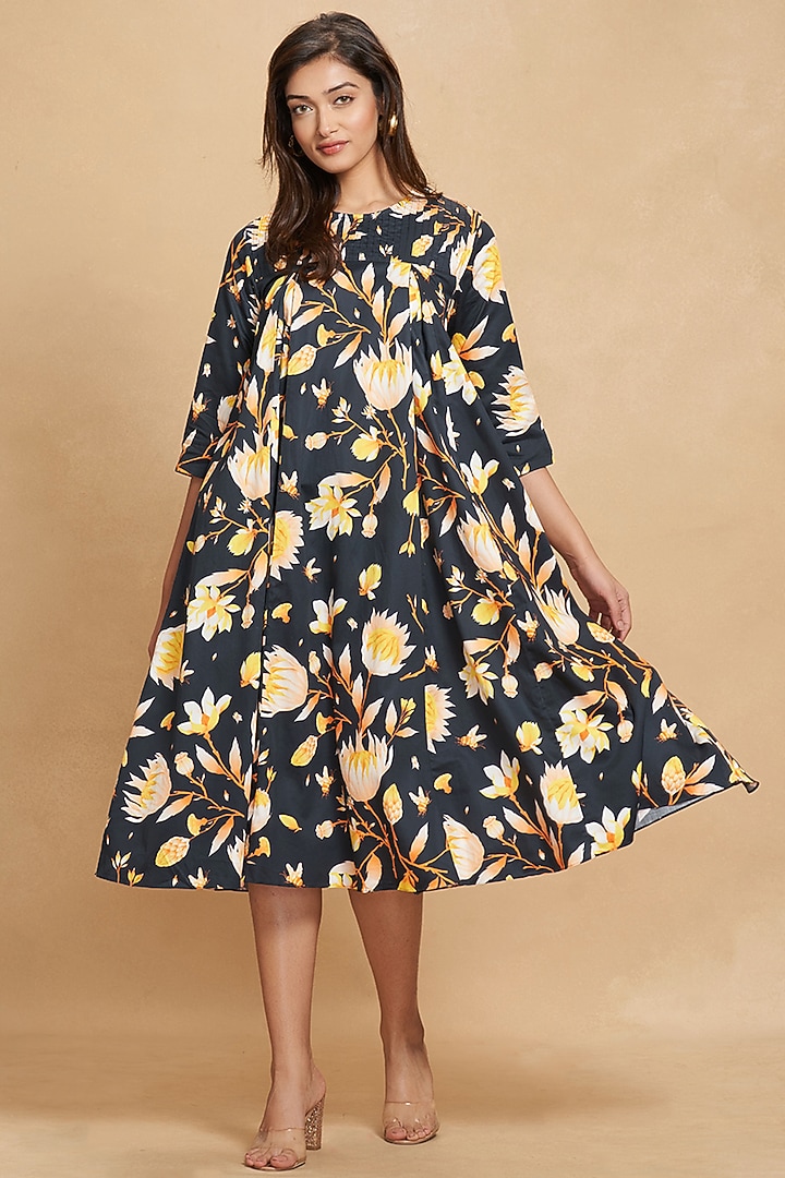 Black Cotton Satin Printed Vacation Dress by Gulabo By Abu Sandeep at Pernia's Pop Up Shop