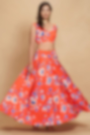 Red Cotton Satin Printed Skirt by Gulabo By Abu Sandeep at Pernia's Pop Up Shop