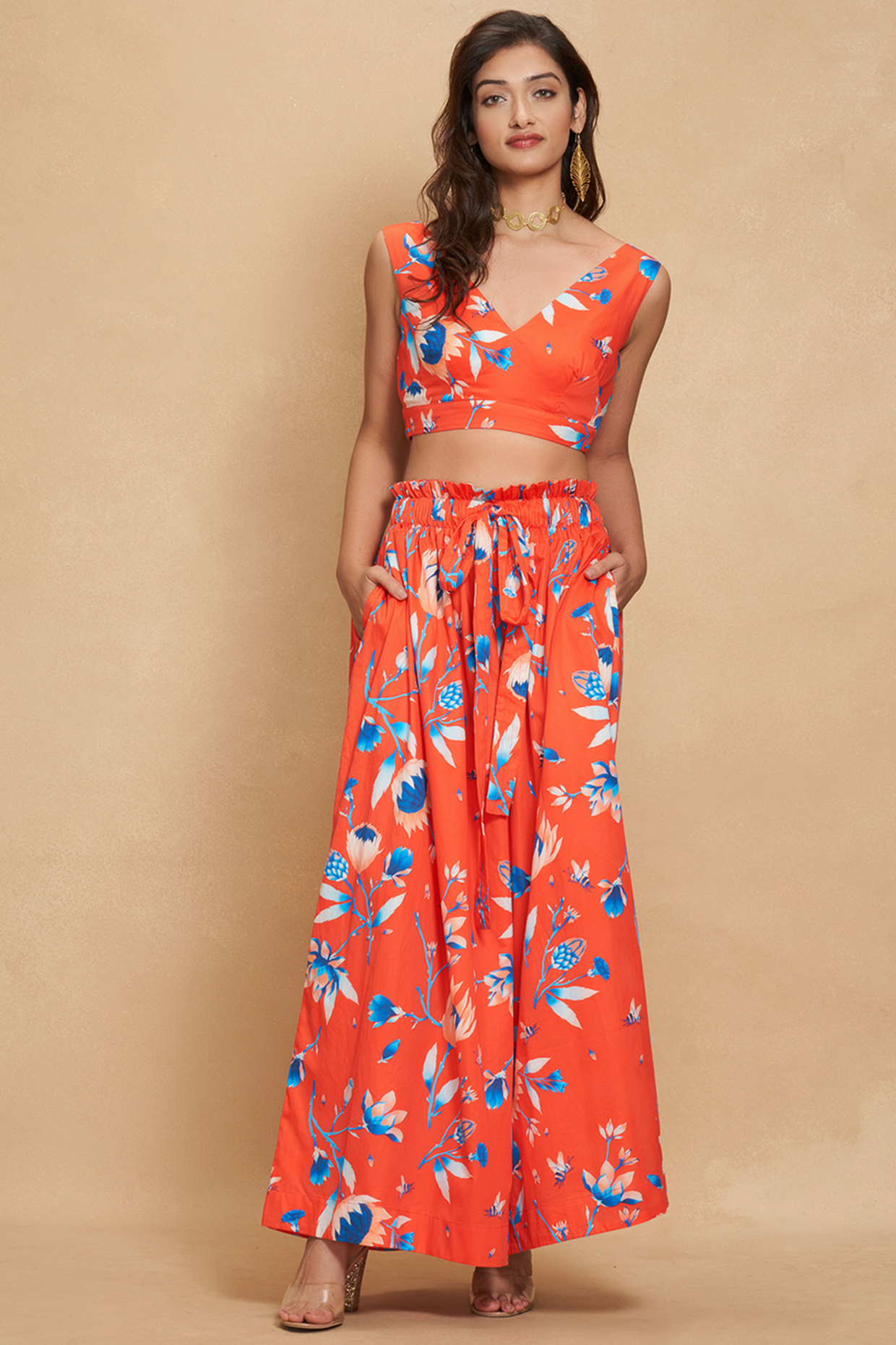 Red Cotton Satin Printed Flared Pants by Gulabo By Abu Sandeep at Pernia's Pop Up Shop