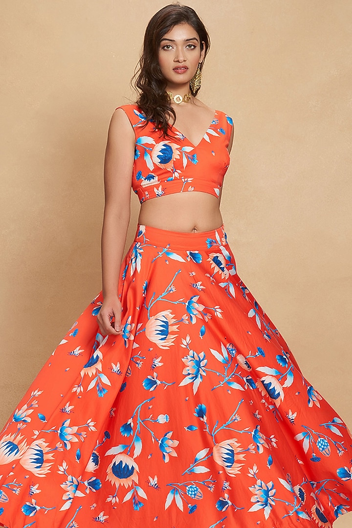Red Cotton Satin Printed Top by Gulabo By Abu Sandeep at Pernia's Pop Up Shop