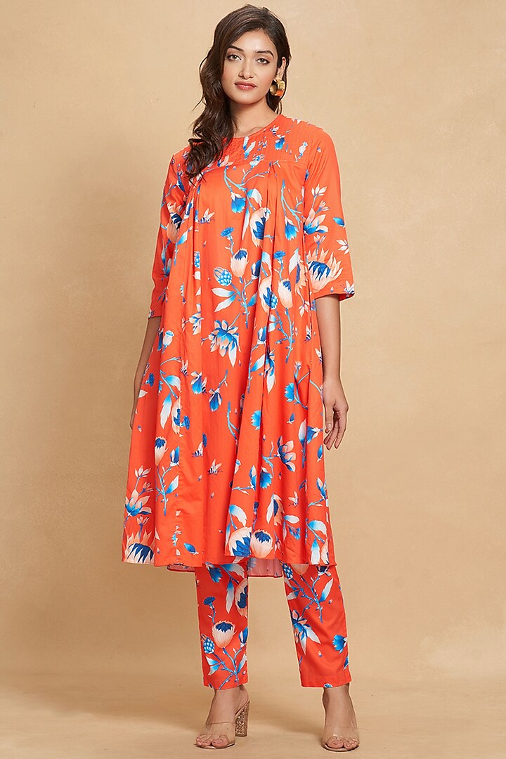 Red Cotton Satin Printed Pleated Tunic by Gulabo By Abu Sandeep at Pernia's Pop Up Shop