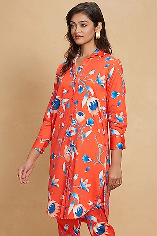 Red Cotton Satin Printed Shirt by Gulabo By Abu Sandeep