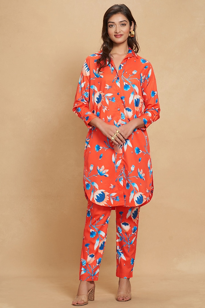 Red Cotton Satin Printed Shirt by Gulabo By Abu Sandeep at Pernia's Pop Up Shop