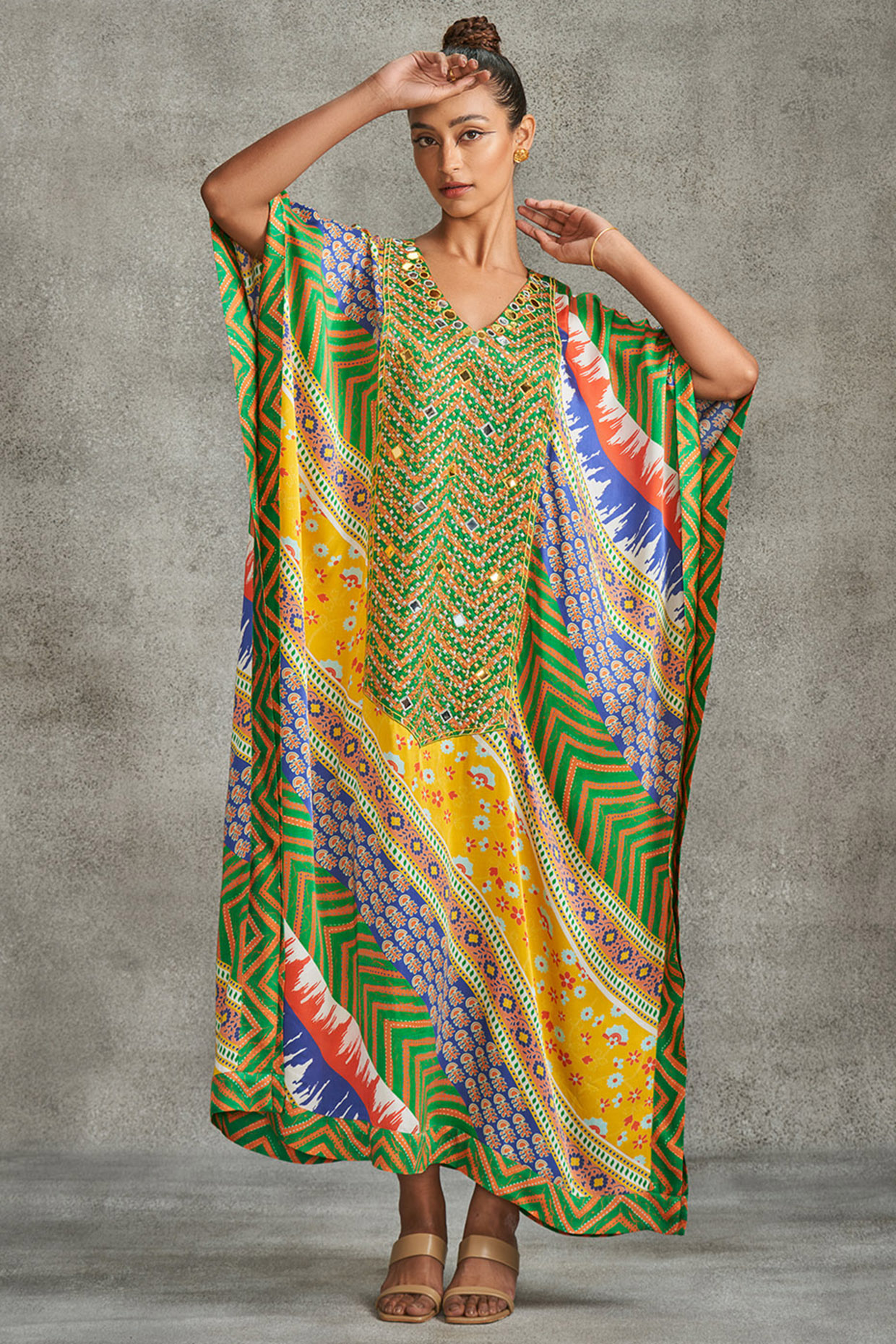 Multi-Colored Modal Satin Printed & Embroidered Kaftan by Gulabo By Abu Sandeep at Pernia's Pop Up Shop